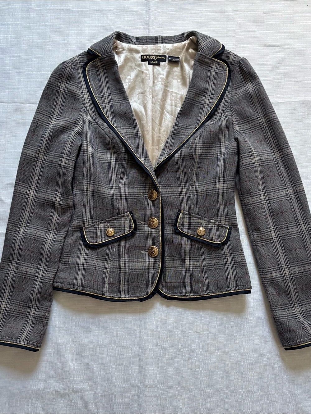 GUESS Gray Plaid cropped Blazer size XS YTK Academia Workwear Gold Buttons
